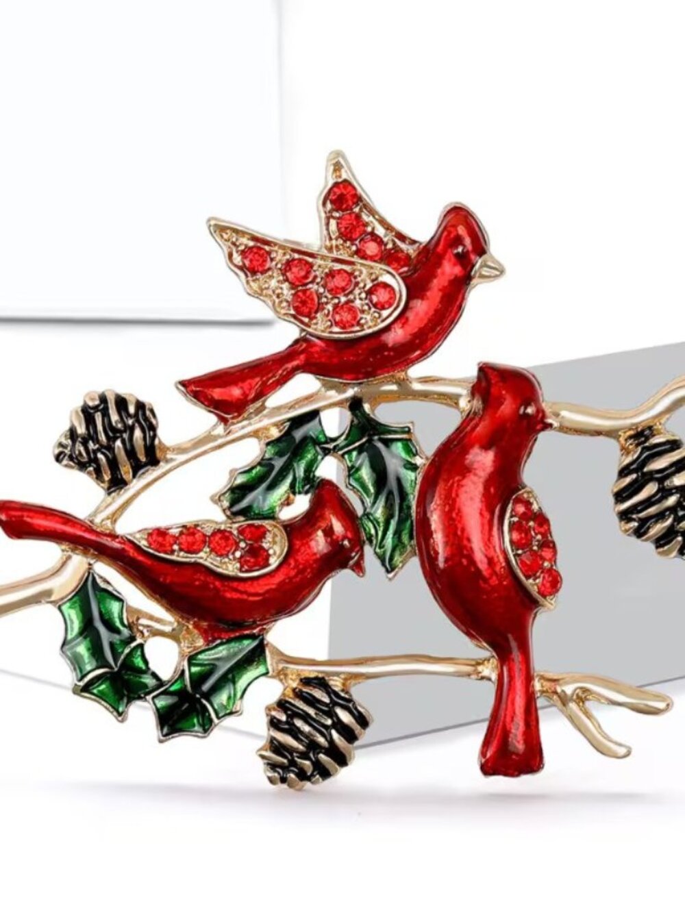 Fashionable Holiday Seasonal Rhinestone Colorful Cardinal & Pinecone Brooch
